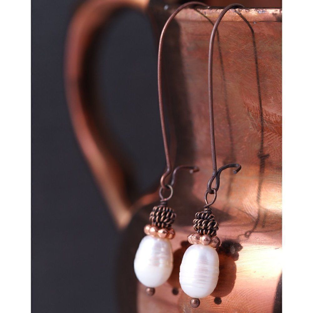 Antique Copper & Natural Freshwater Pearl Earrings